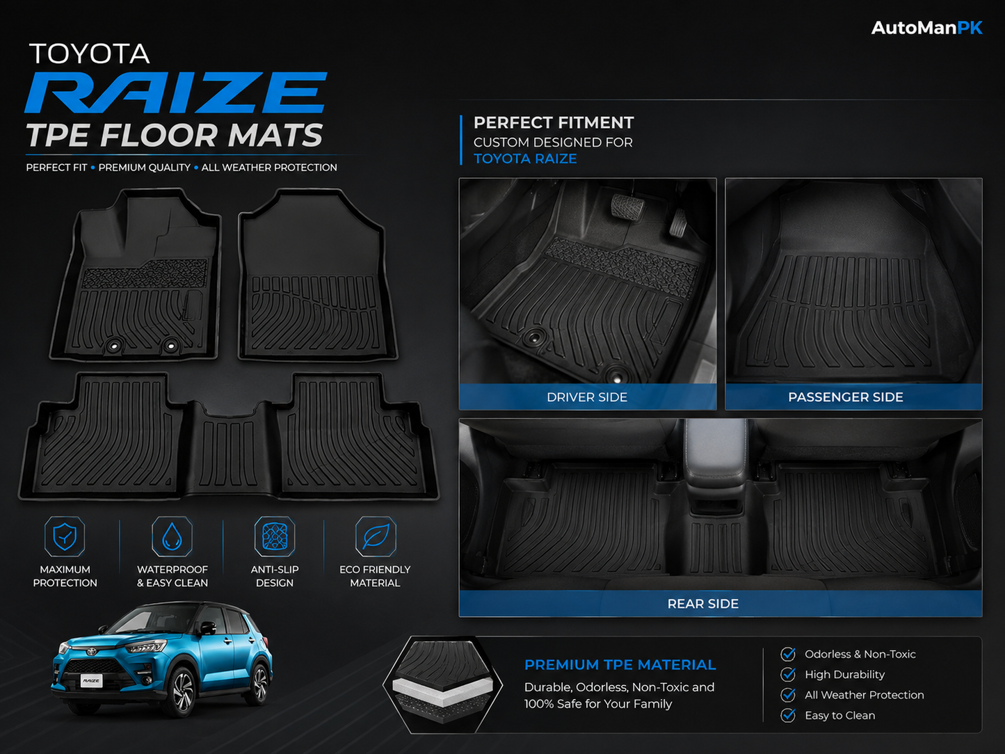 Toyota Raize TPE Floor Mats – 3 Pcs | Waterproof | Anti-Slip | Custom Fit