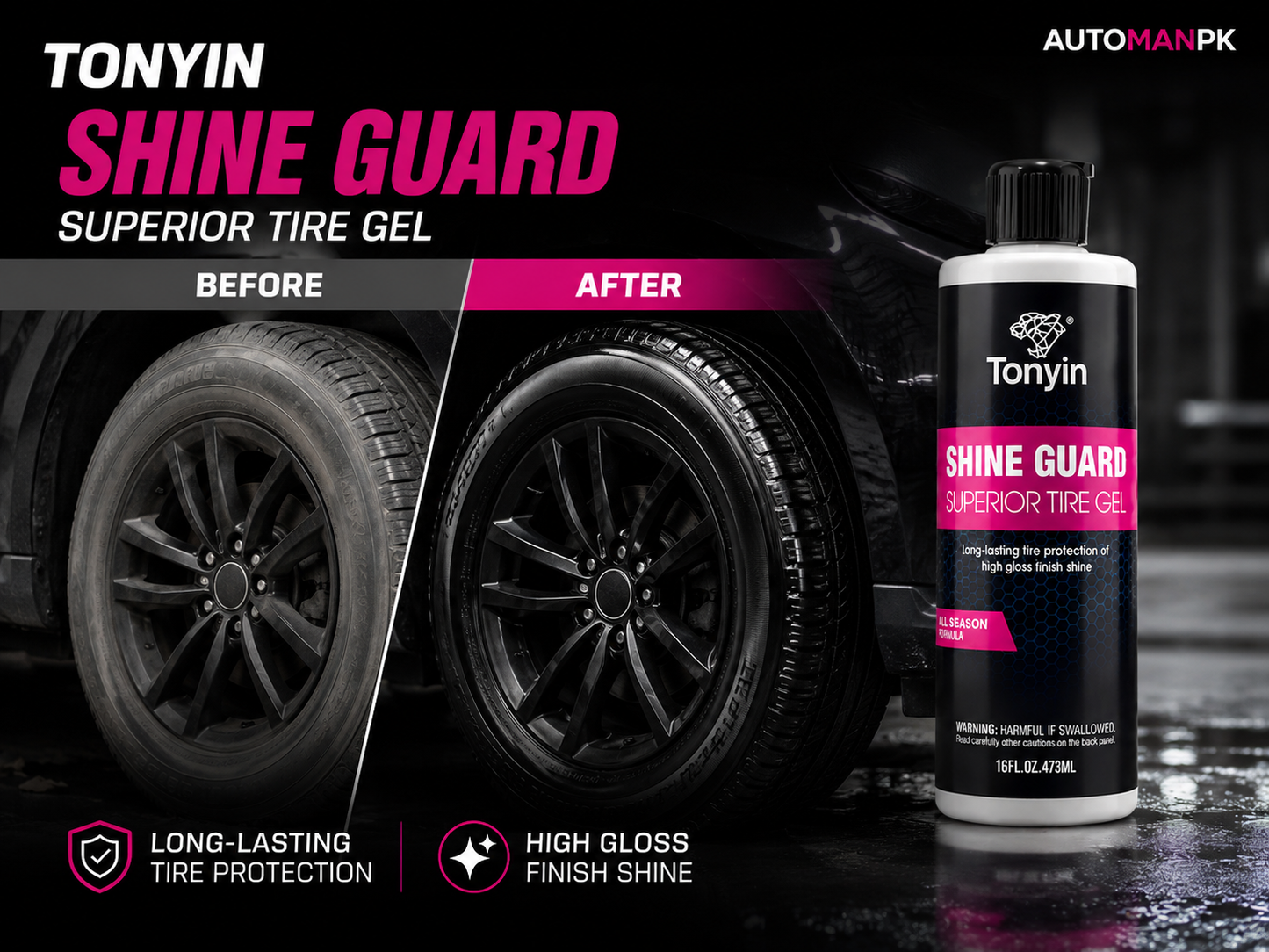 Tonyin Shine Guard Tire Gel 473ml – Deep Gloss | Long-Lasting | Protects Against Cracking & Fading