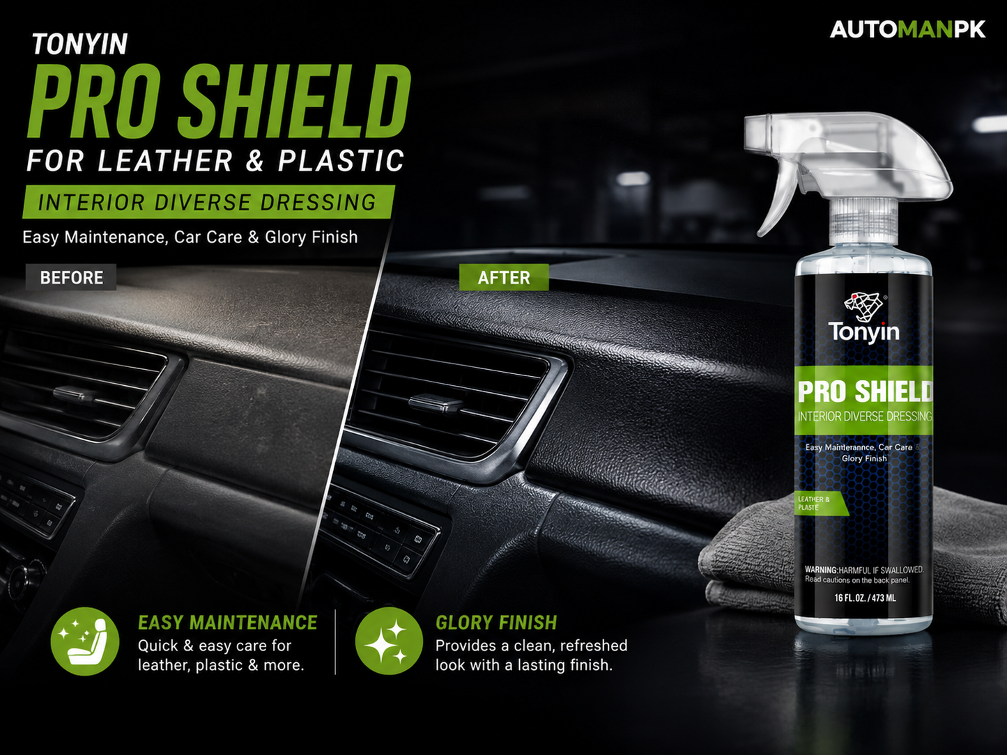 Tonyin Pro Shield for Leather & Plastic 473ml – Restores, Protects & Shines | Dashboard, Seats & Trims
