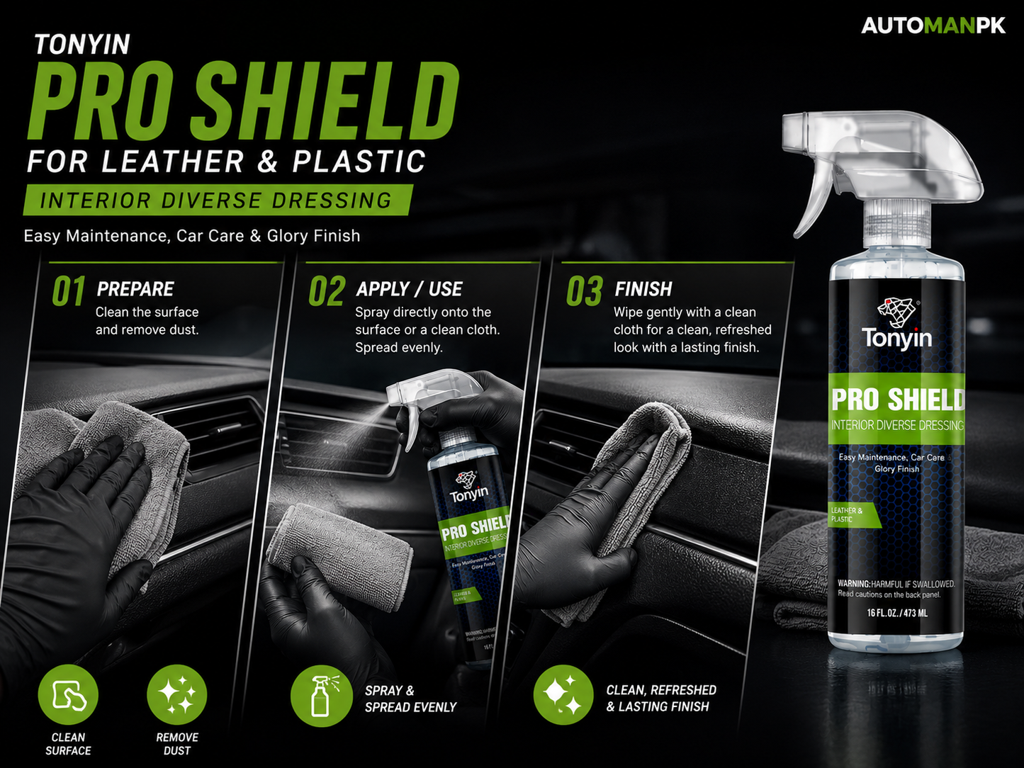 Tonyin Pro Shield for Leather & Plastic 473ml – Restores, Protects & Shines | Dashboard, Seats & Trims