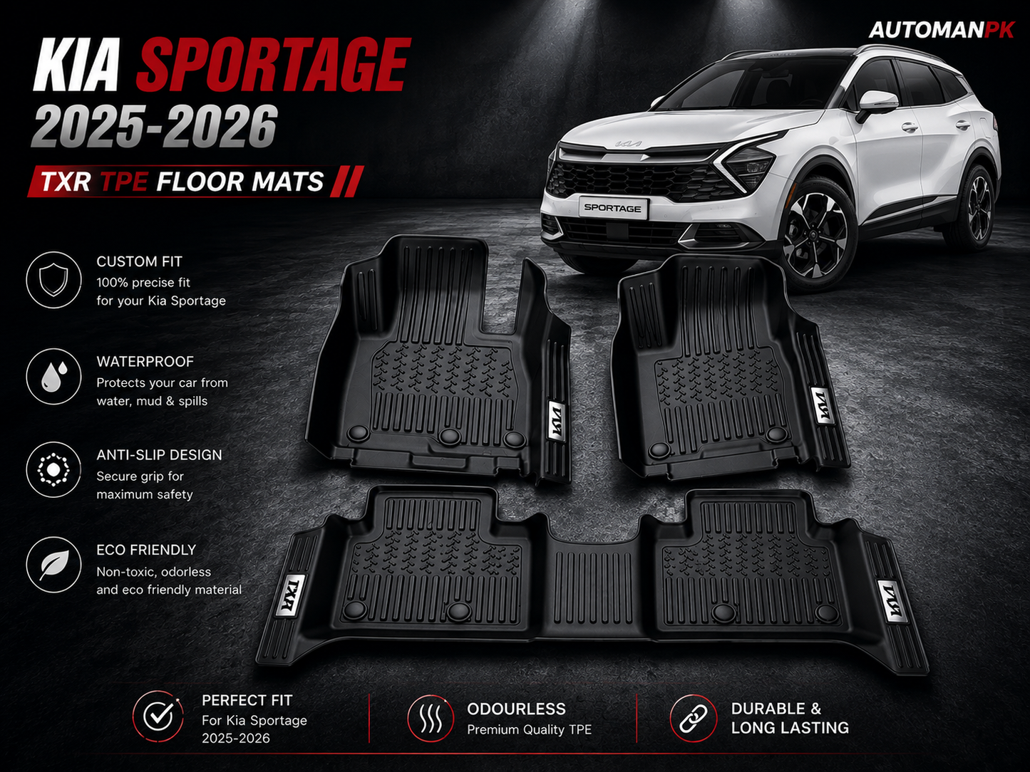 Kia Sportage 2023-2026 TXR TPE Floor Mats – Custom Fit – Waterproof – Anti-Slip – Full Set