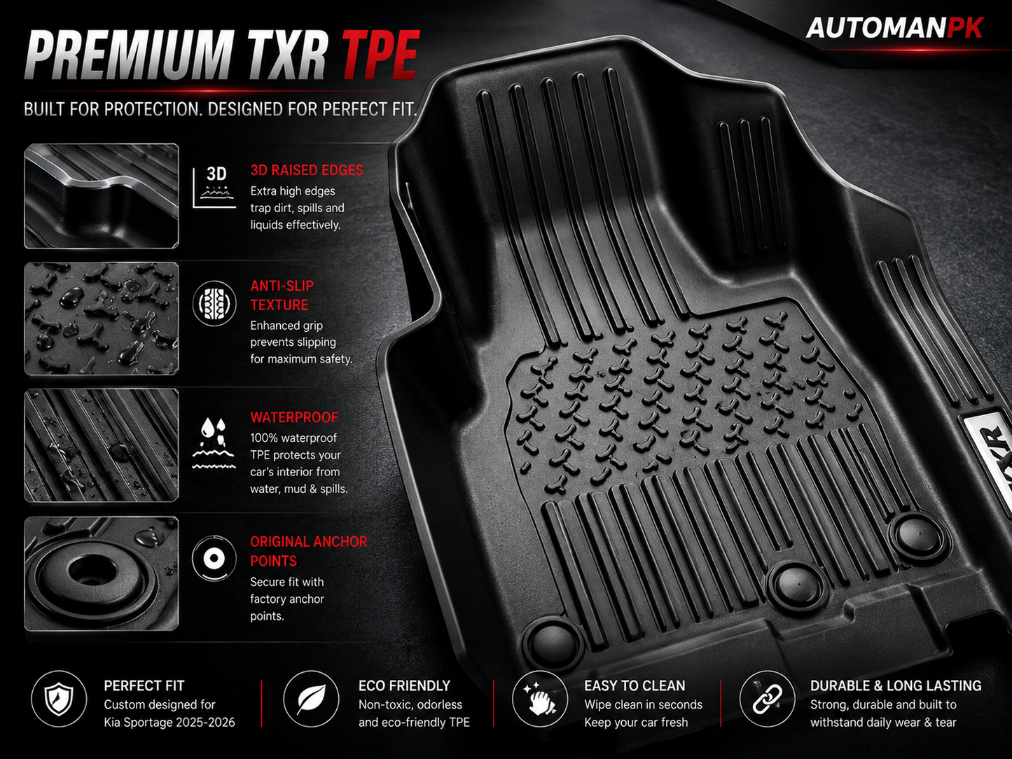 Kia Sportage 2023-2026 TXR TPE Floor Mats – Custom Fit – Waterproof – Anti-Slip – Full Set