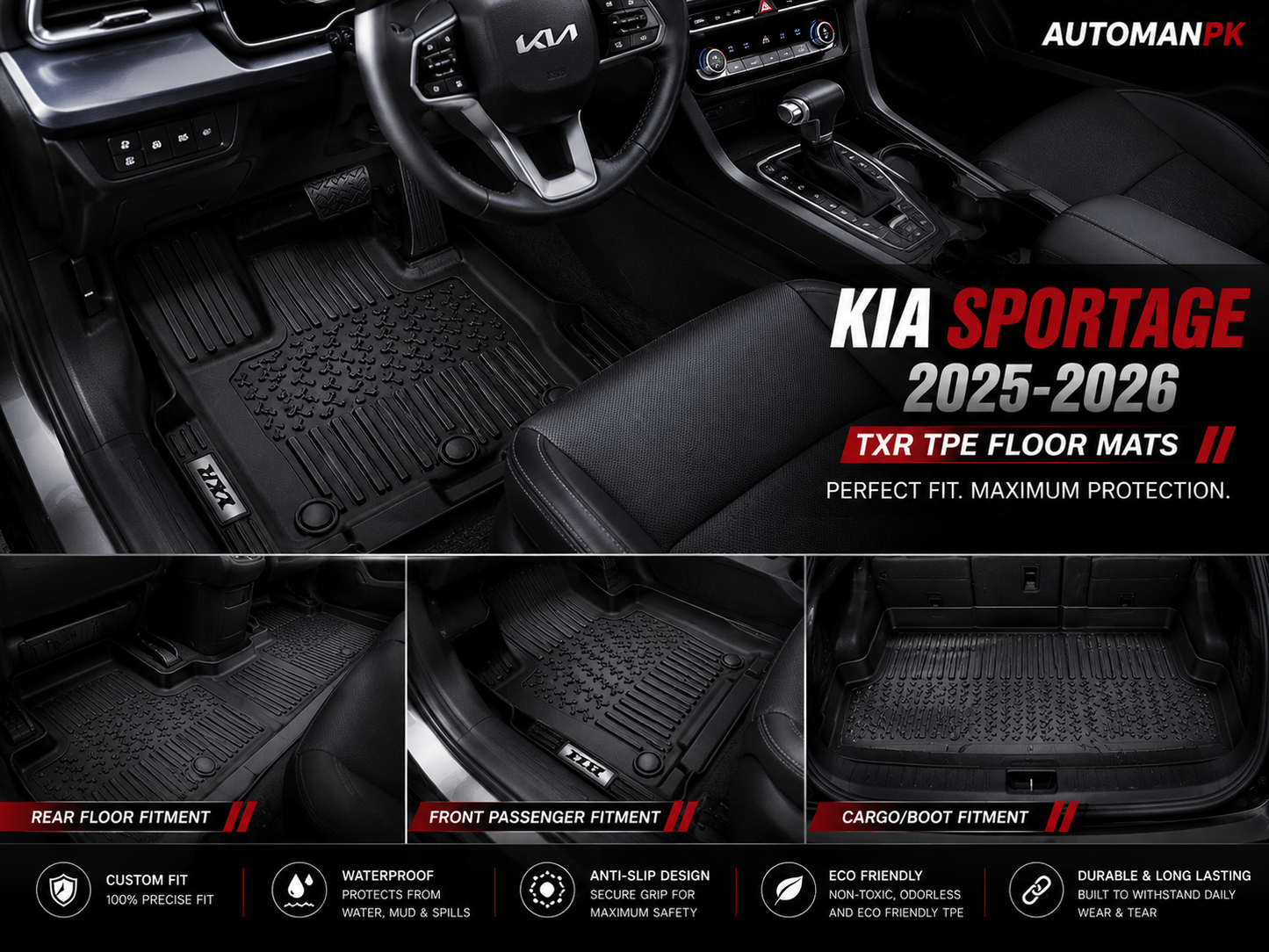 Kia Sportage 2023-2026 TXR TPE Floor Mats – Custom Fit – Waterproof – Anti-Slip – Full Set