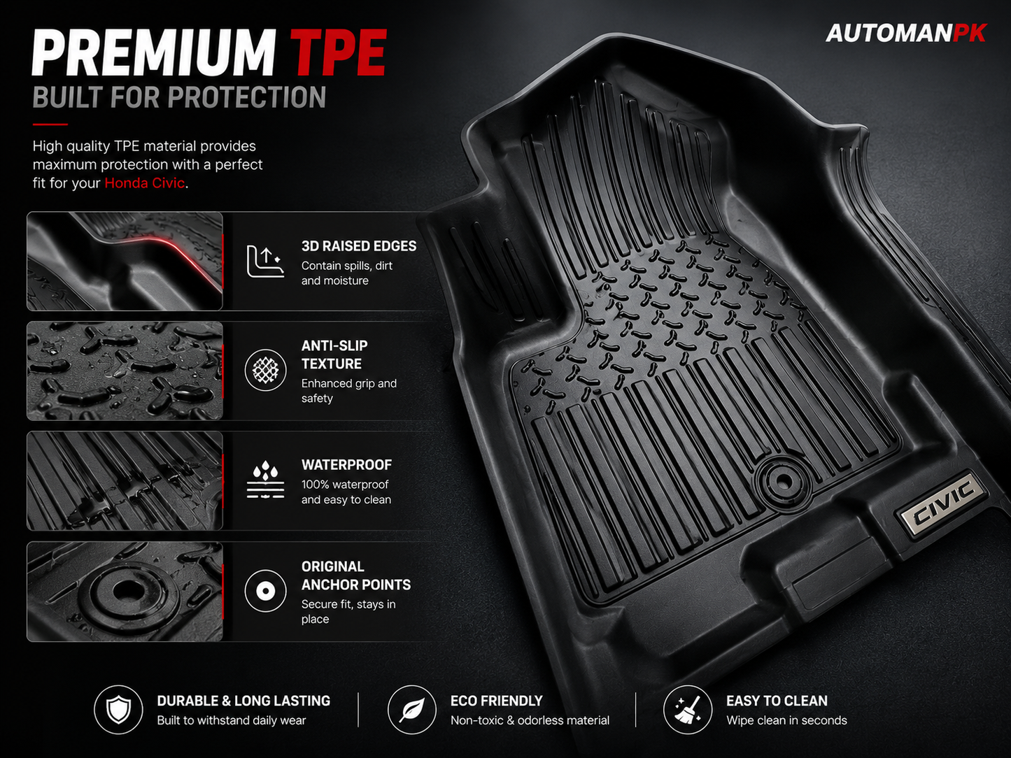 Honda Civic 2016-2021 TXR TPE Floor Mats – Custom Fit – Waterproof – Anti-Slip – Full Set