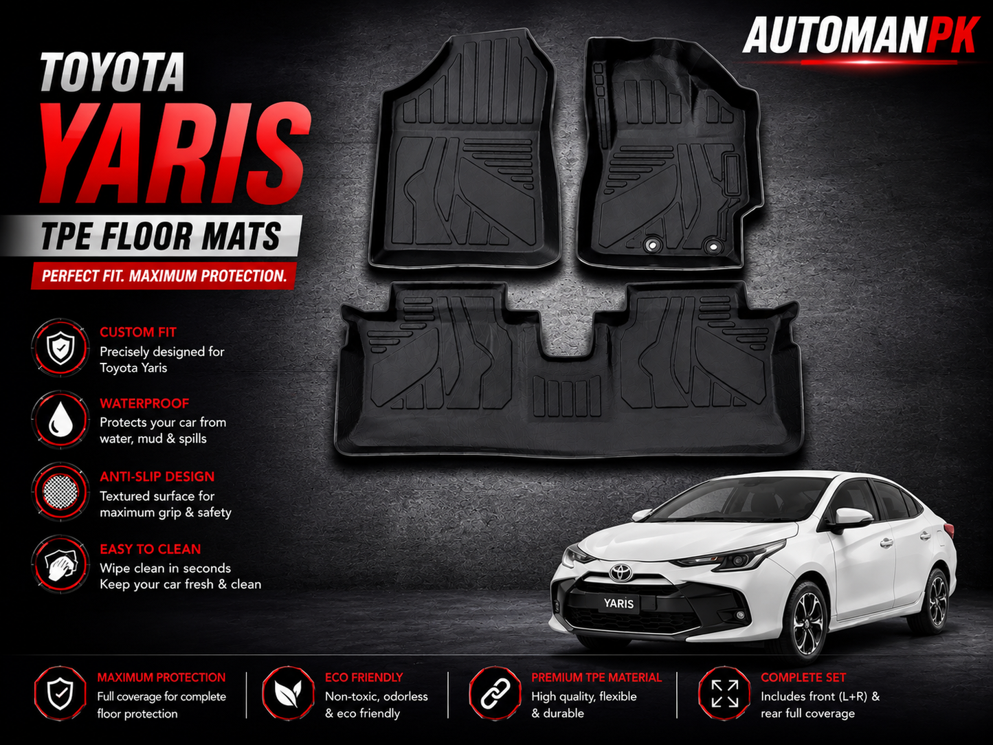Toyota Yaris 2020-2026 TPE Floor Mats – Custom Fit – Waterproof – Anti-Slip – Full Set