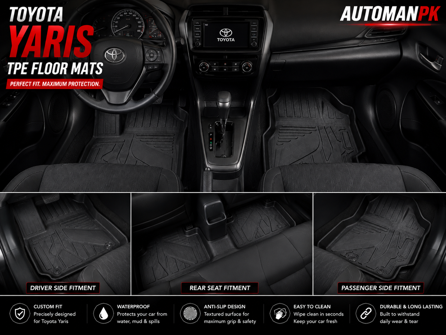 Toyota Yaris 2020-2026 TPE Floor Mats – Custom Fit – Waterproof – Anti-Slip – Full Set