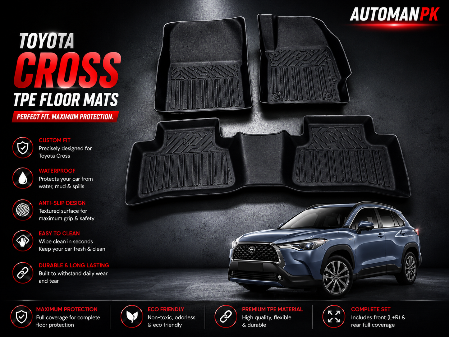 Toyota Corolla Cross TPE Floor Liners – Custom Fit – Precision-Fit – All-Weather Protection – Full Set