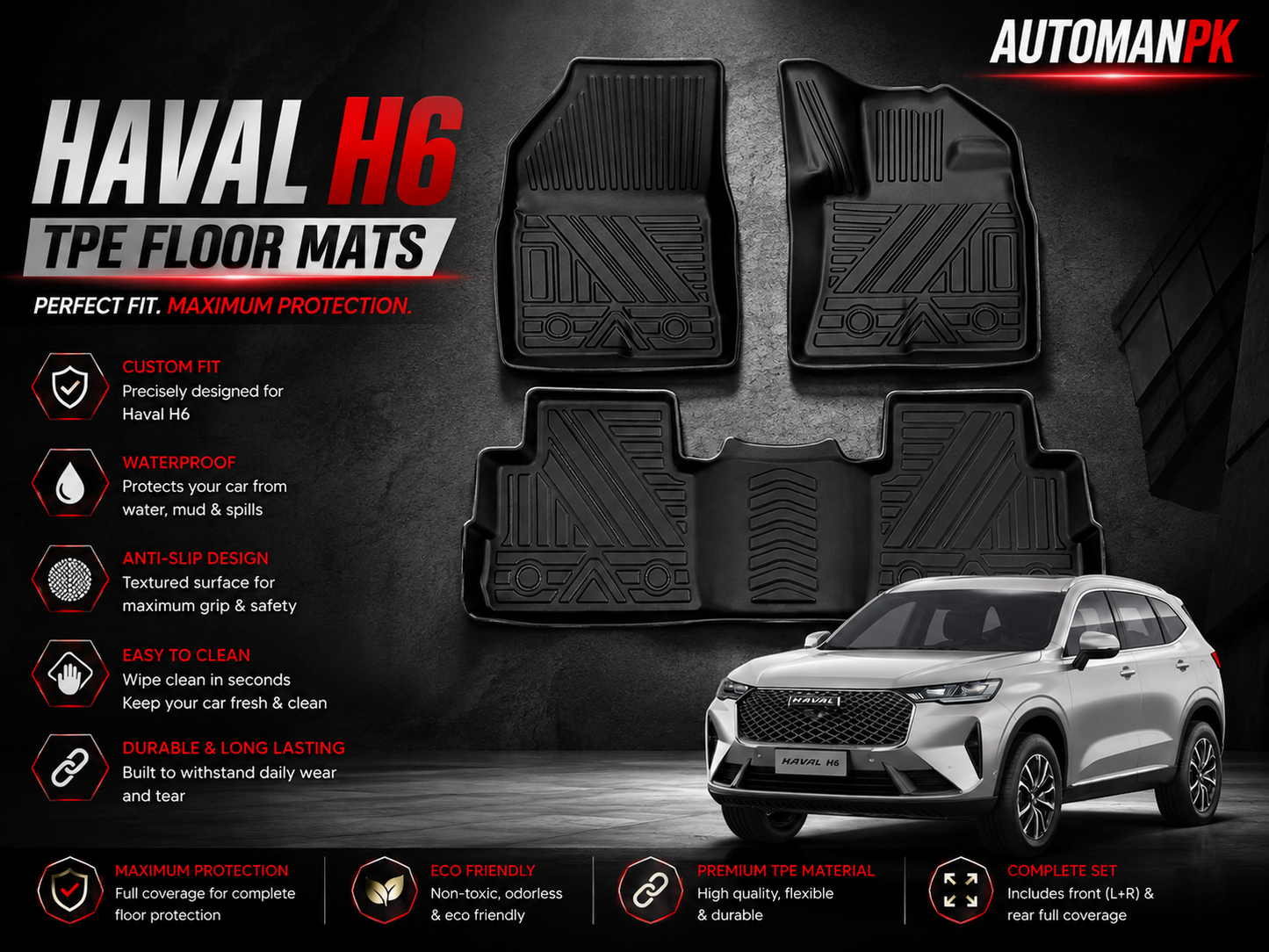Haval H6 2023 TPE Floor Mats – Custom Fit – Waterproof – Anti-Slip – Full Set