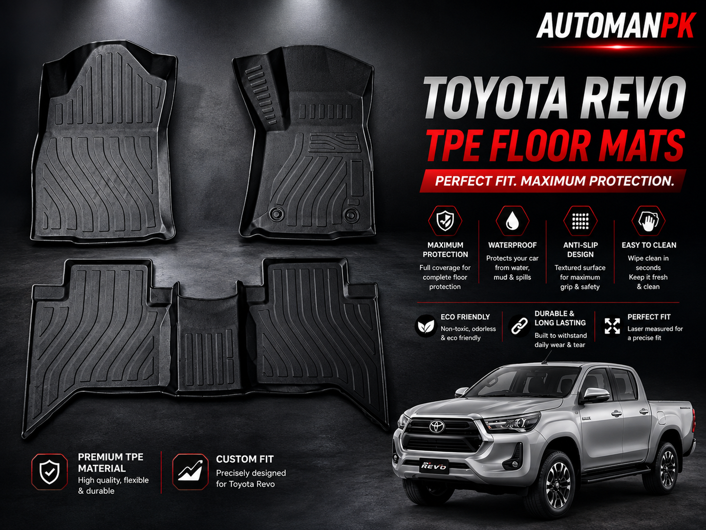Toyota Hilux Revo TPE Premium 3D Floor Liners – Ultra-Grip – Custom Fit – All-Weather – Full Set