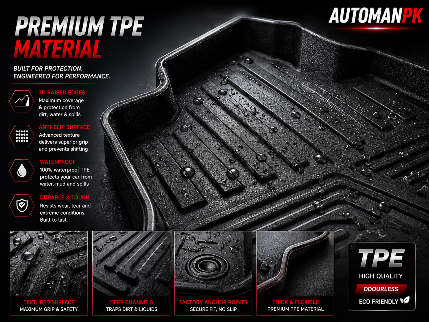 Toyota Hilux Revo TPE Premium 3D Floor Liners – Ultra-Grip – Custom Fit – All-Weather – Full Set