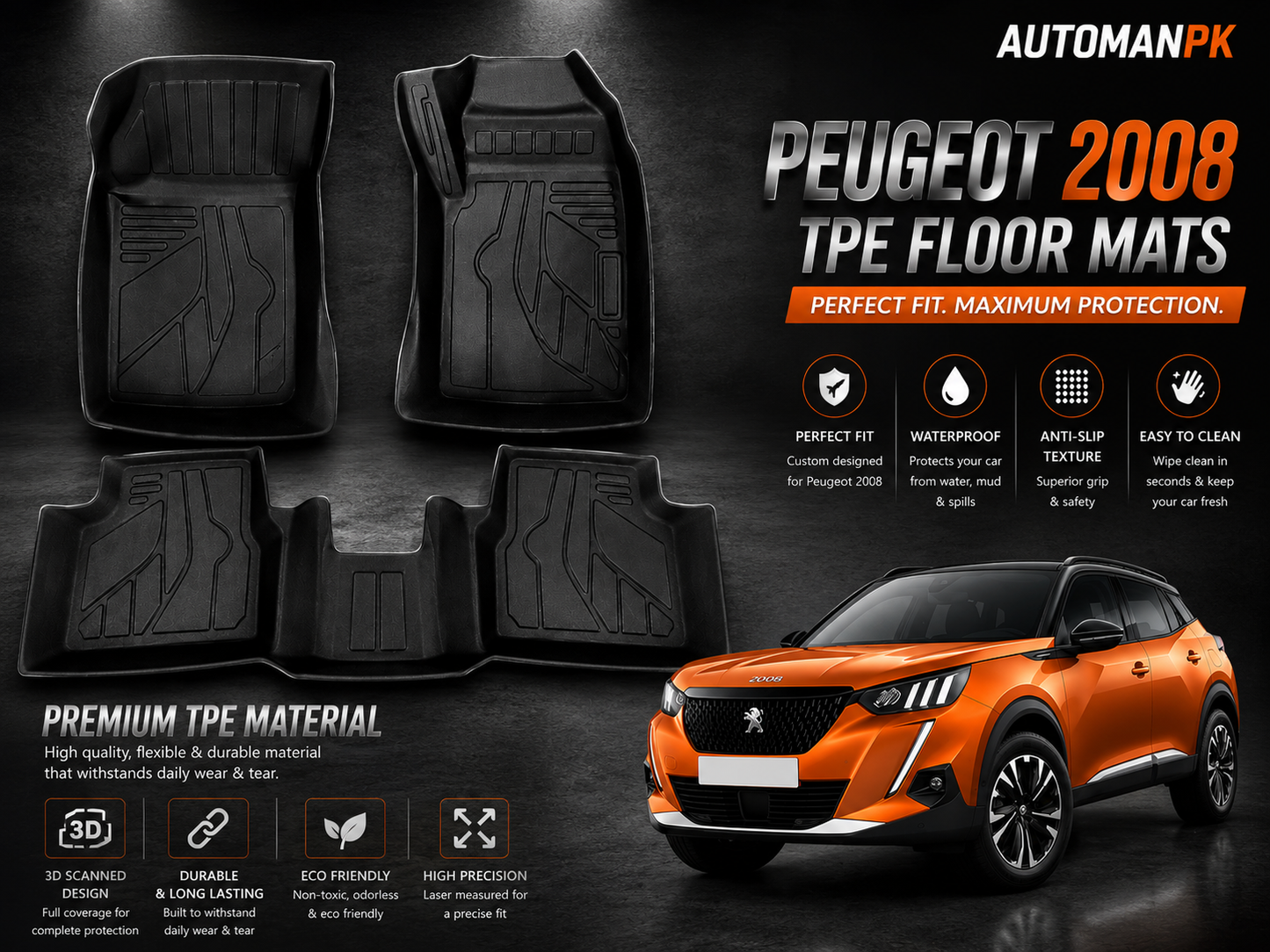 Peugeot 2008 TPE 3D Custom Floor Liners – Exact Custom Fit – Maximum Protection – Full Set