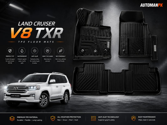Toyota Land Cruiser V8 TXR TPE Floor Mats 4Pcs – 2 Front + 1 Rear + 1 Trunk | Waterproof | Custom Fit