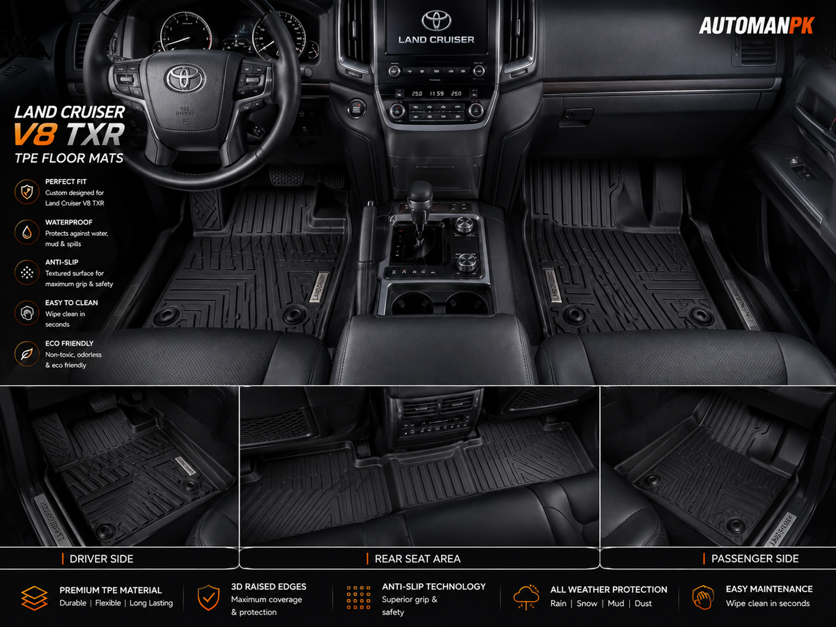 Toyota Land Cruiser V8 TXR TPE Floor Mats 4Pcs – 2 Front + 1 Rear + 1 Trunk | Waterproof | Custom Fit