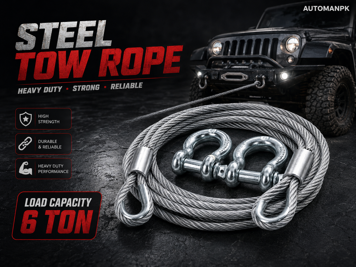 8mm Heavy Duty Car Tow Cable – Strong Steel Towing Rope | Emergency Recovery | Cars & SUVs