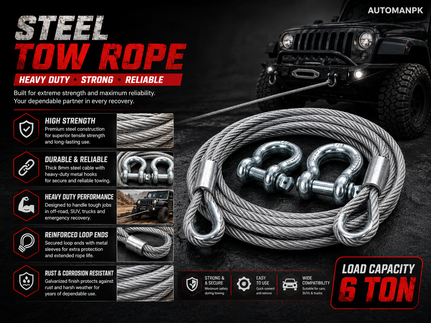 8mm Heavy Duty Car Tow Cable – Strong Steel Towing Rope | Emergency Recovery | Cars & SUVs