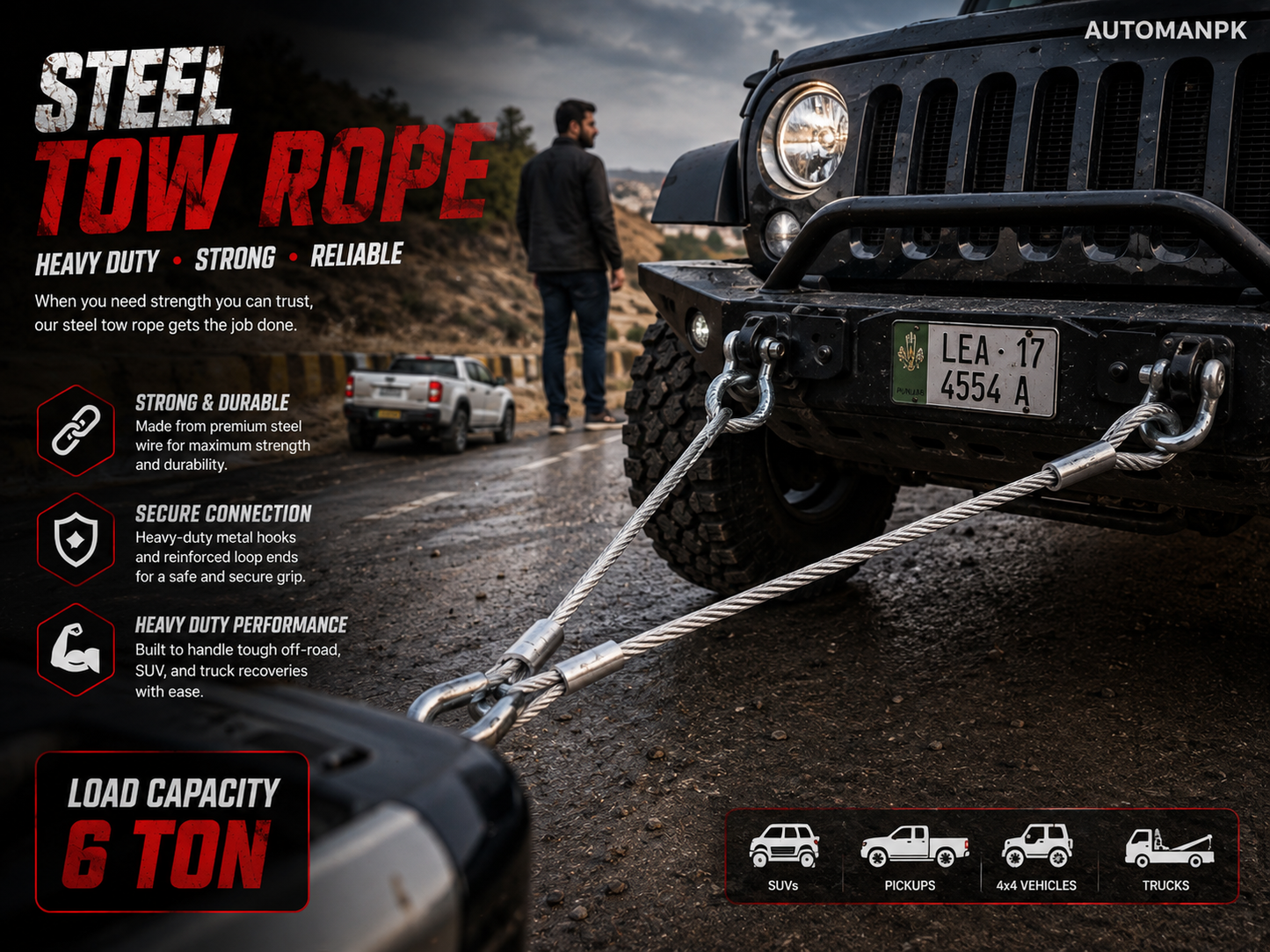 8mm Heavy Duty Car Tow Cable – Strong Steel Towing Rope | Emergency Recovery | Cars & SUVs