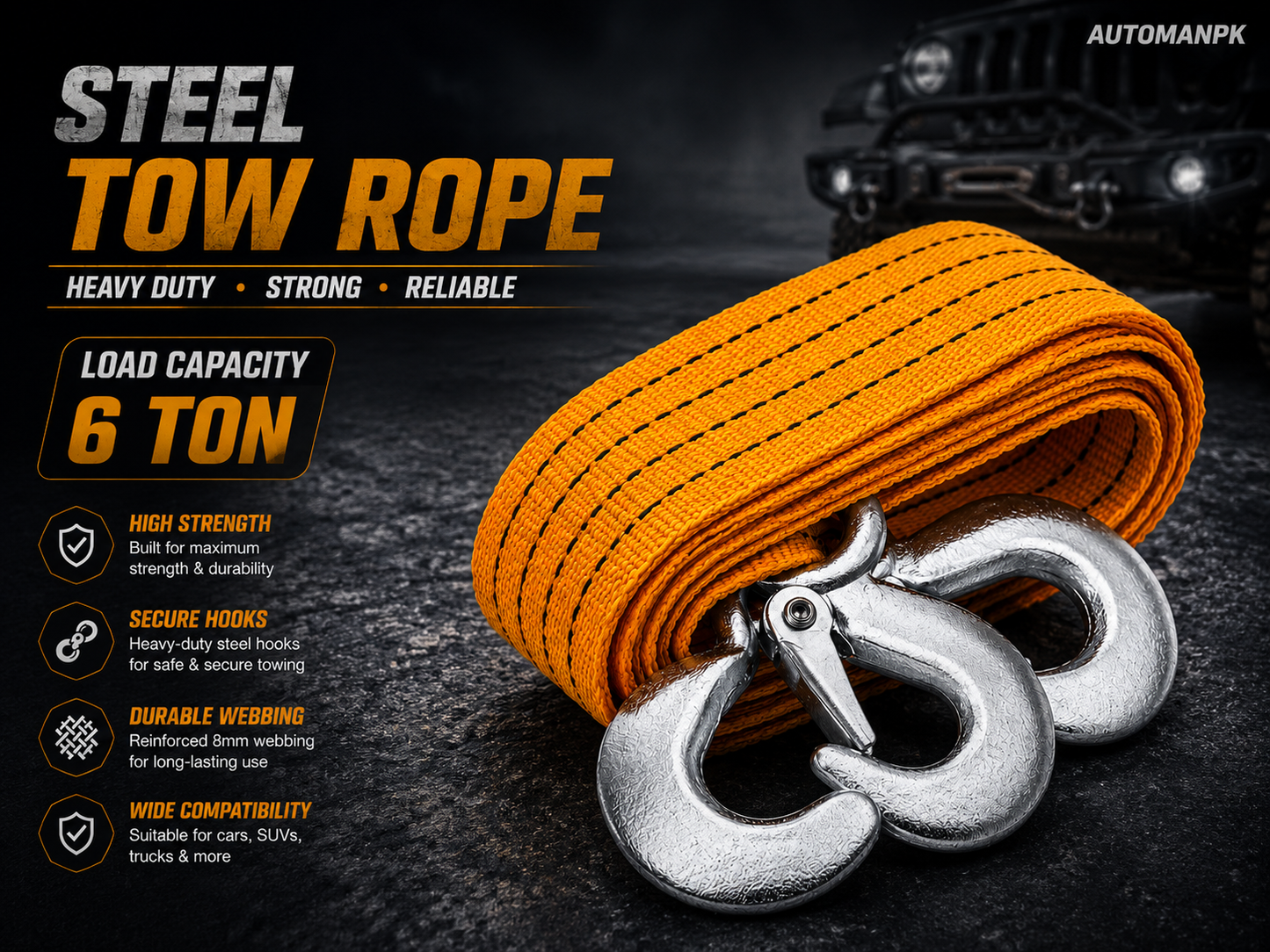Heavy Duty Tow Rope 5 Ton – Emergency Towing Strap with Steel Hooks | Cars, SUVs & Trucks