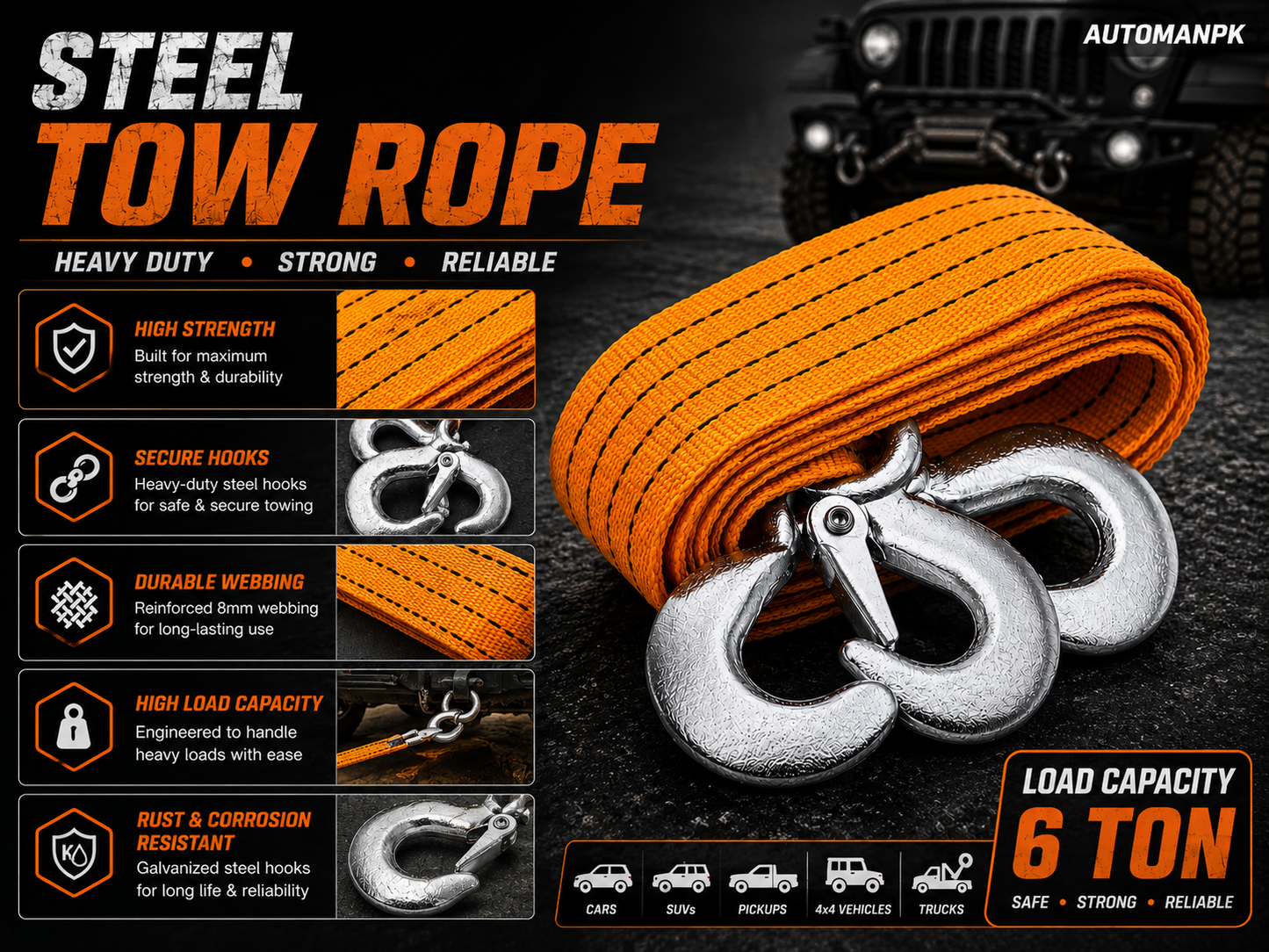 Heavy Duty Tow Rope 5 Ton – Emergency Towing Strap with Steel Hooks | Cars, SUVs & Trucks