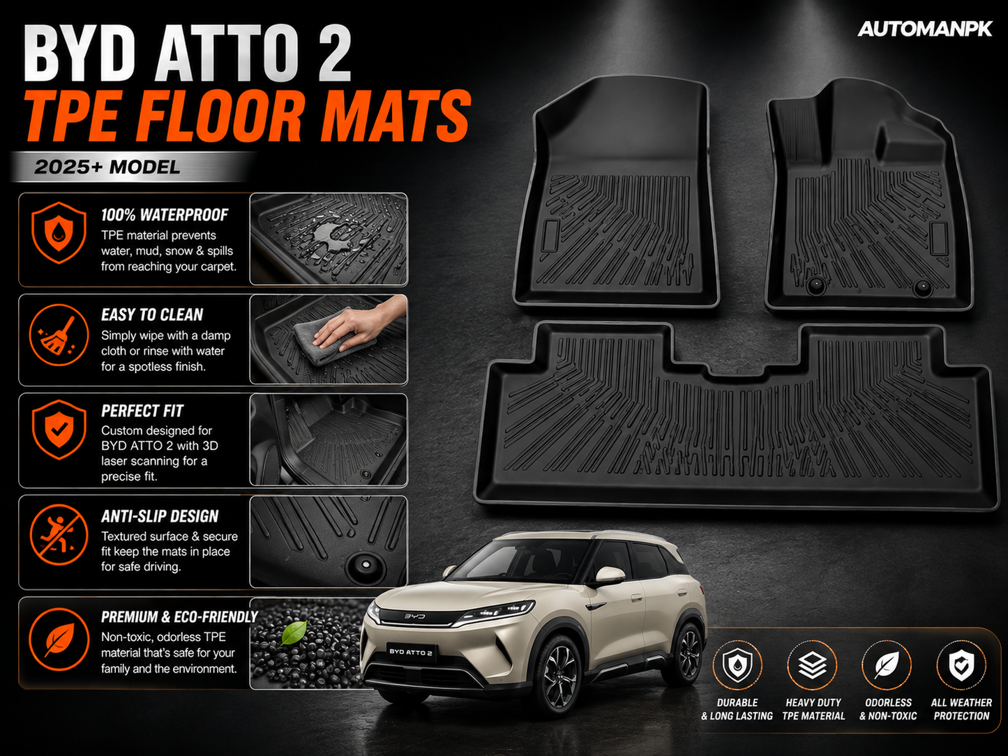 BYD Atto 2 TPE Floor Mats – Waterproof | Anti-Slip | Custom Fit