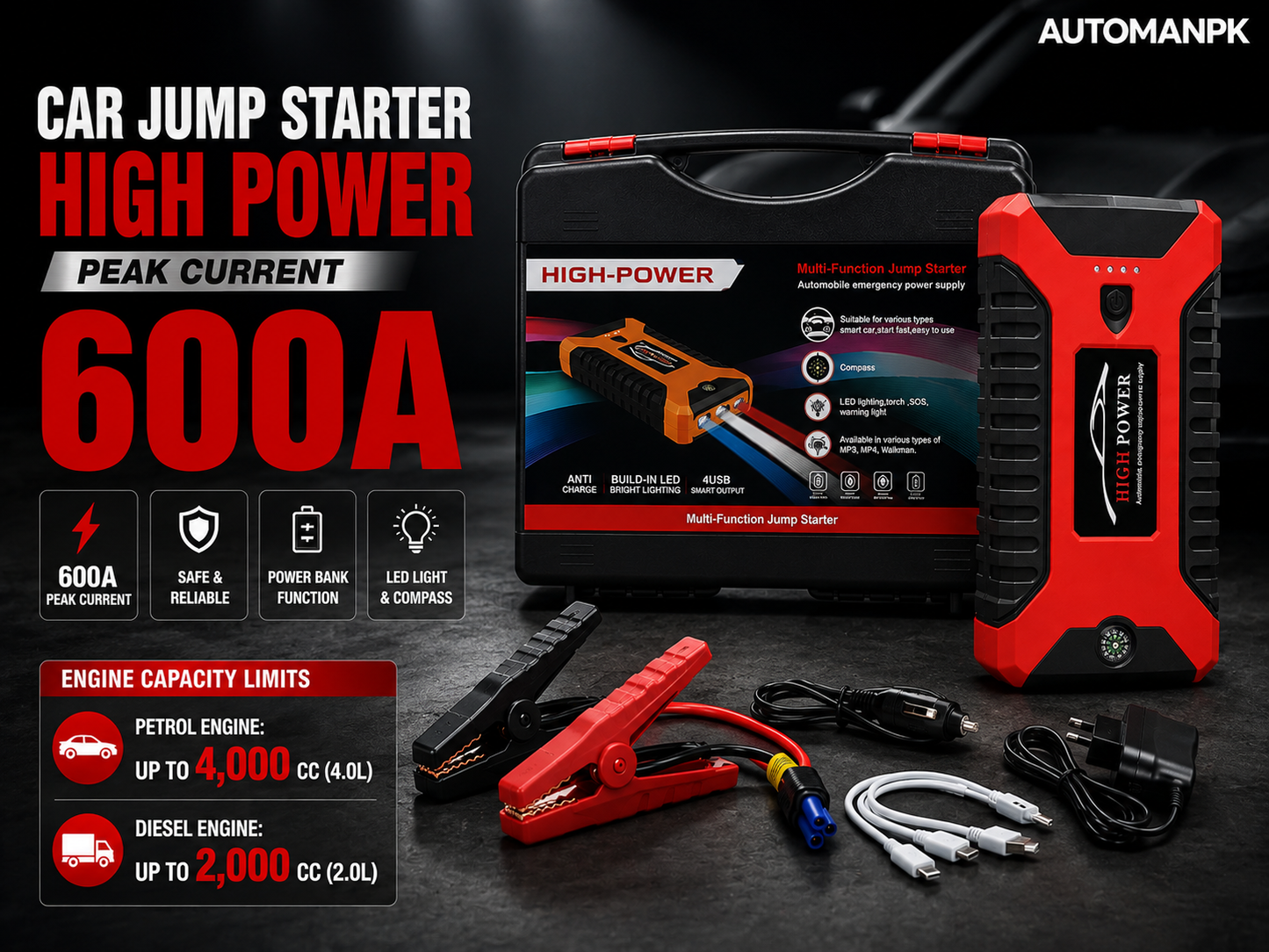 High Power Car Jump Starter 28000mAh – 600A Peak | SOS Light | USB Charging | With & Without Air Compressor