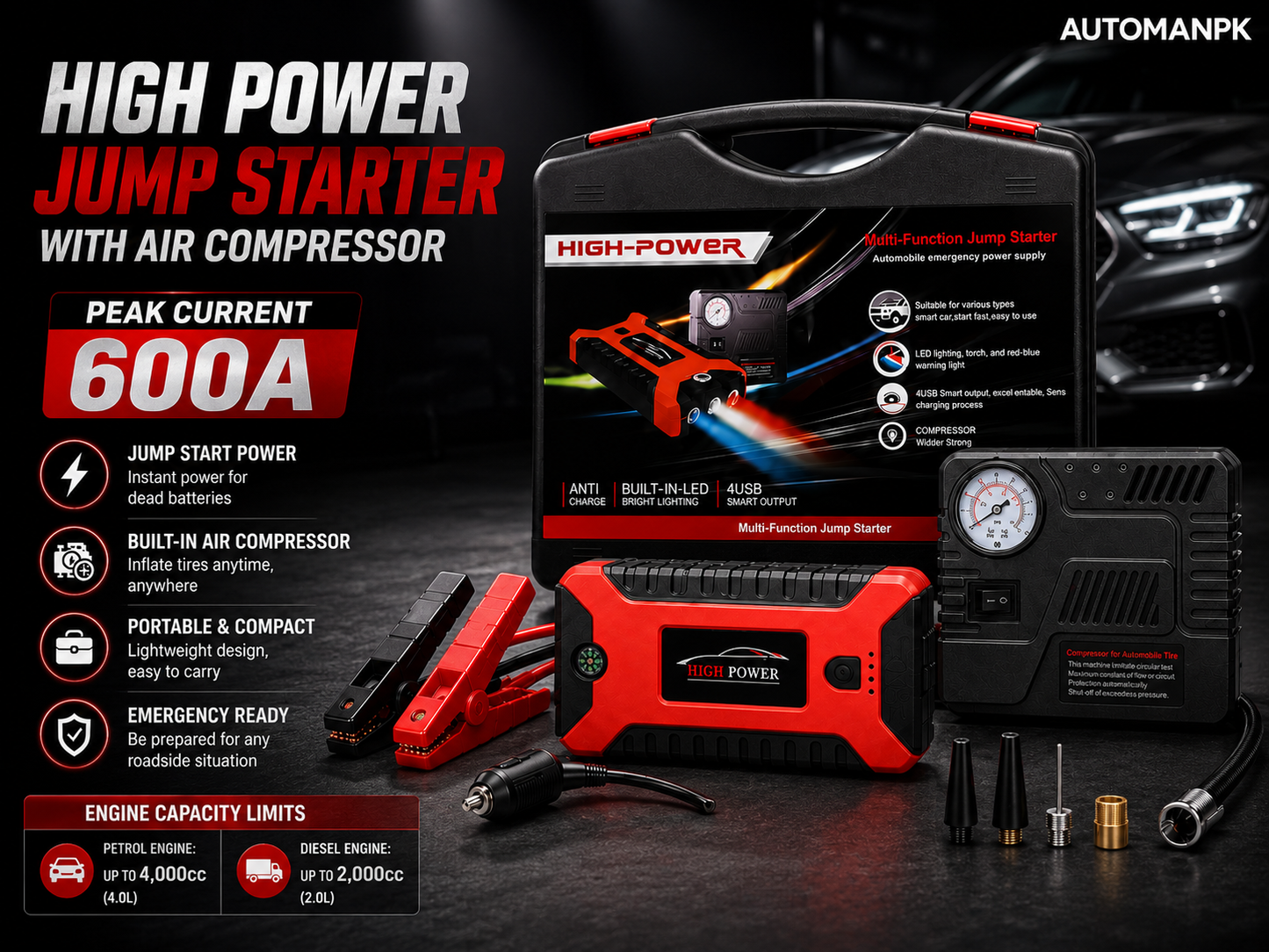 High Power Car Jump Starter 28000mAh – 600A Peak | SOS Light | USB Charging | With & Without Air Compressor