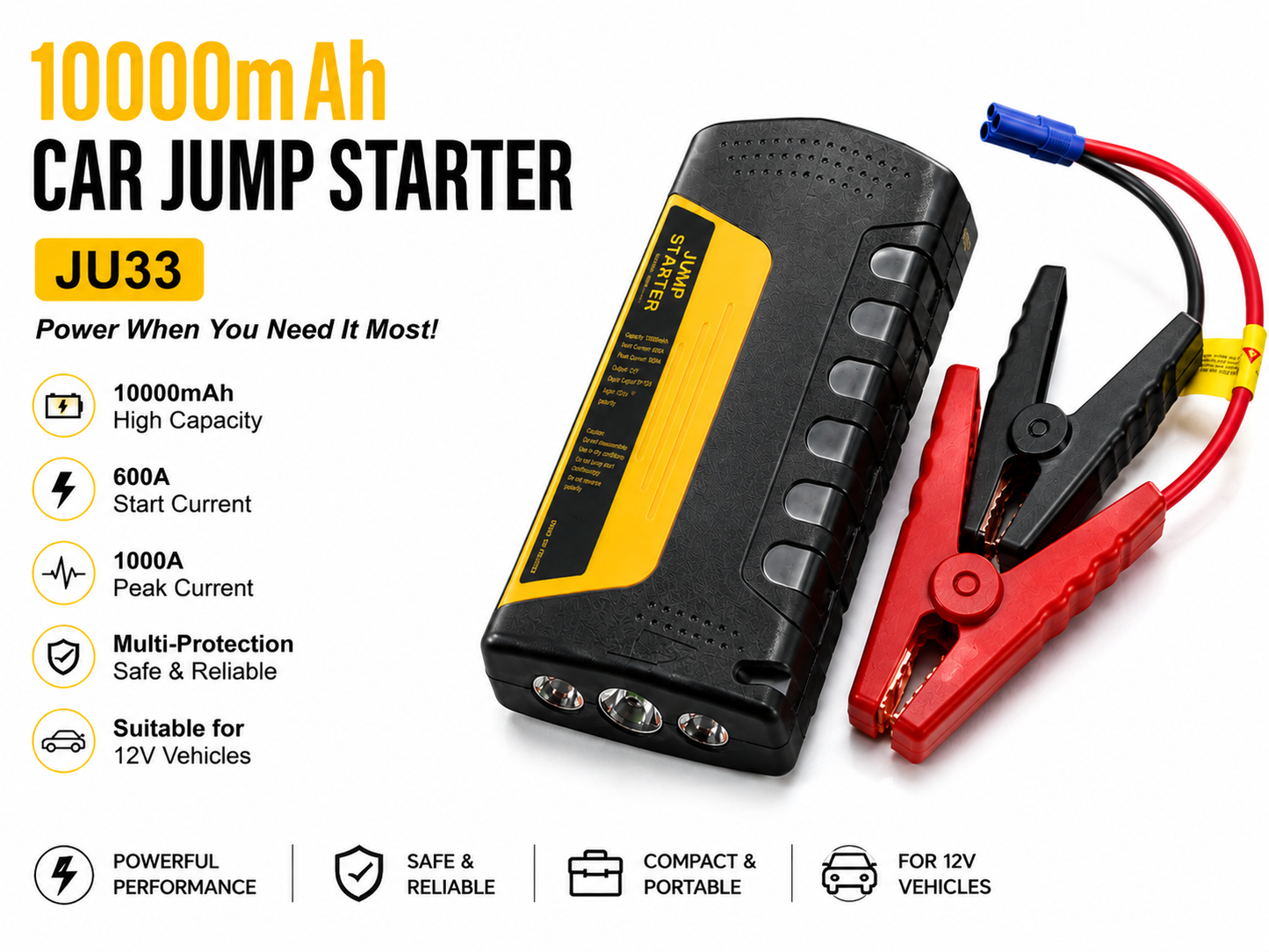 JU44 Car Jump Starter 6000mAh – 1000A Peak | LED Flashlight | USB Power Bank | With & Without Air Compressor
