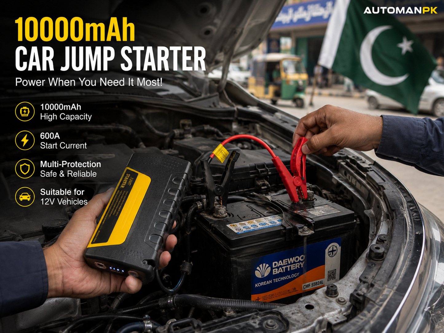 JU44 Car Jump Starter 6000mAh – 1000A Peak | LED Flashlight | USB Power Bank | With & Without Air Compressor