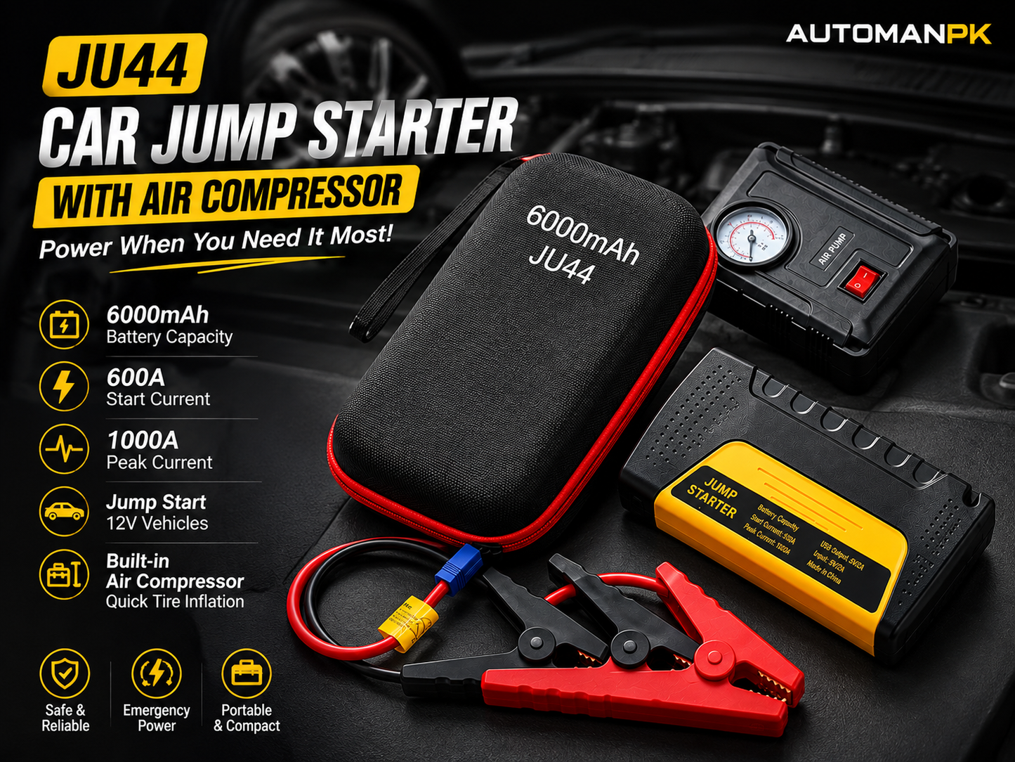 JU44 Car Jump Starter 6000mAh – 1000A Peak | LED Flashlight | USB Power Bank | With & Without Air Compressor