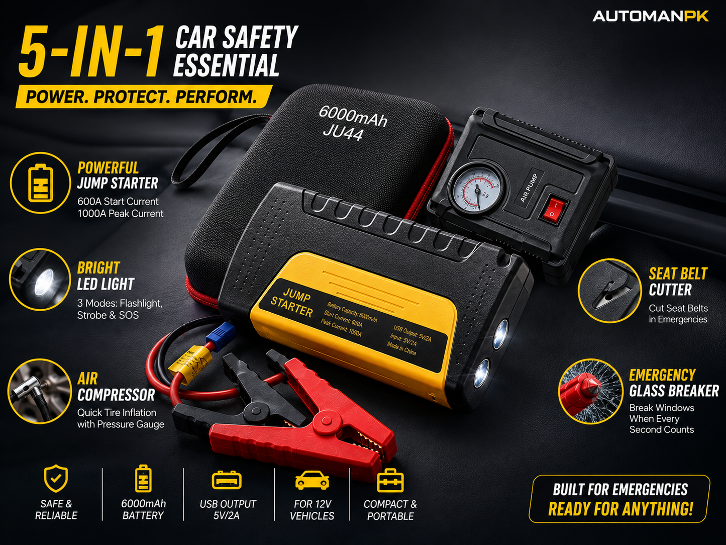 JU44 Car Jump Starter 6000mAh – 1000A Peak | LED Flashlight | USB Power Bank | With & Without Air Compressor