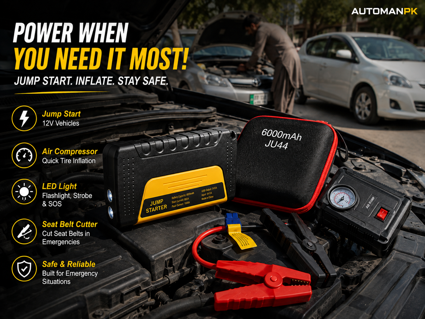 JU44 Car Jump Starter 6000mAh – 1000A Peak | LED Flashlight | USB Power Bank | With & Without Air Compressor