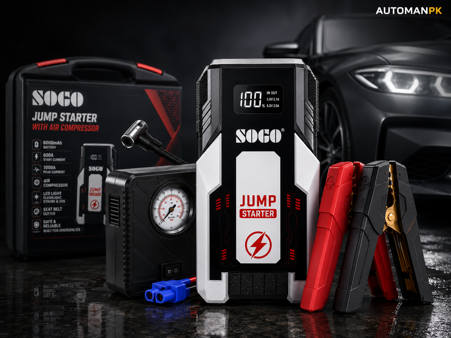 Sogo Powerbank Jump Starter with Air Pump Compressor X6 – | LED Flashlight | USB Power Bank