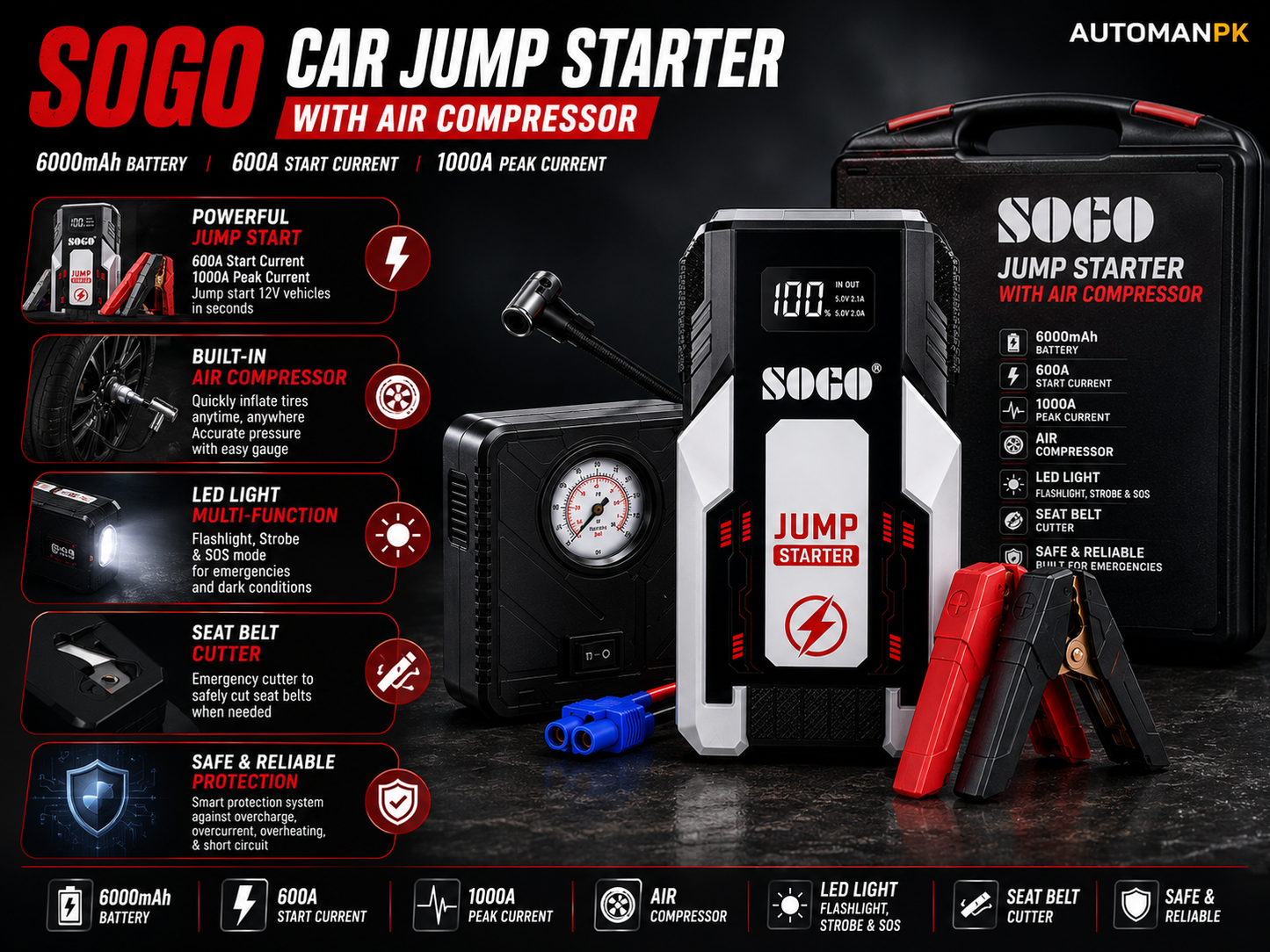 Sogo Powerbank Jump Starter with Air Pump Compressor X6 – | LED Flashlight | USB Power Bank