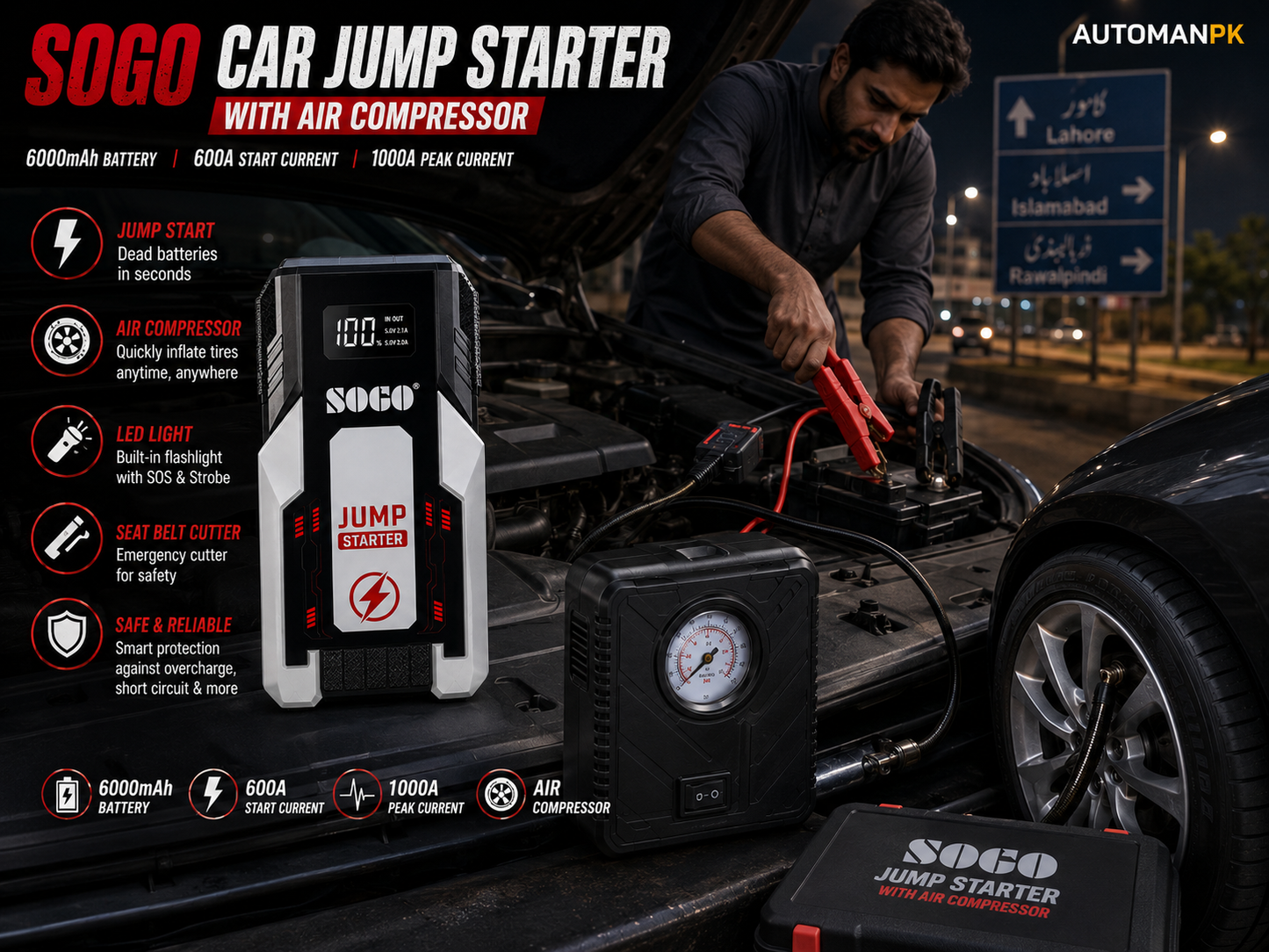 Sogo Powerbank Jump Starter with Air Pump Compressor X6 – | LED Flashlight | USB Power Bank