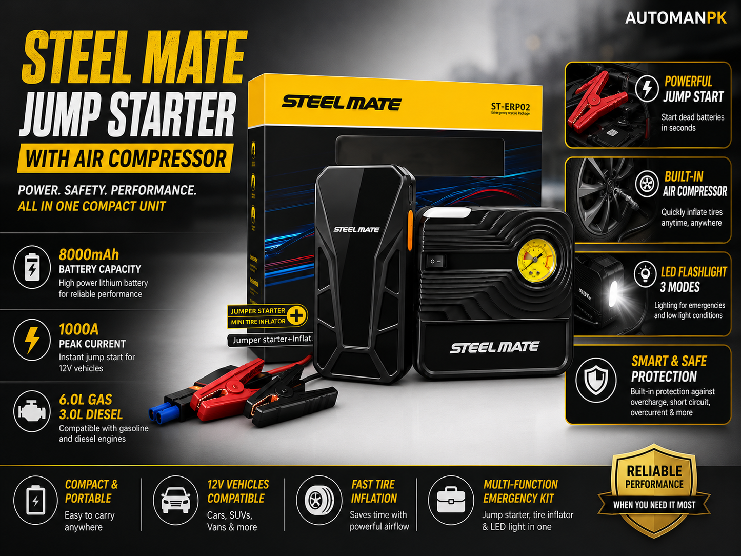 Steel Mate Jump Starter Air Compressor Price in Pakistan | 8800mAh