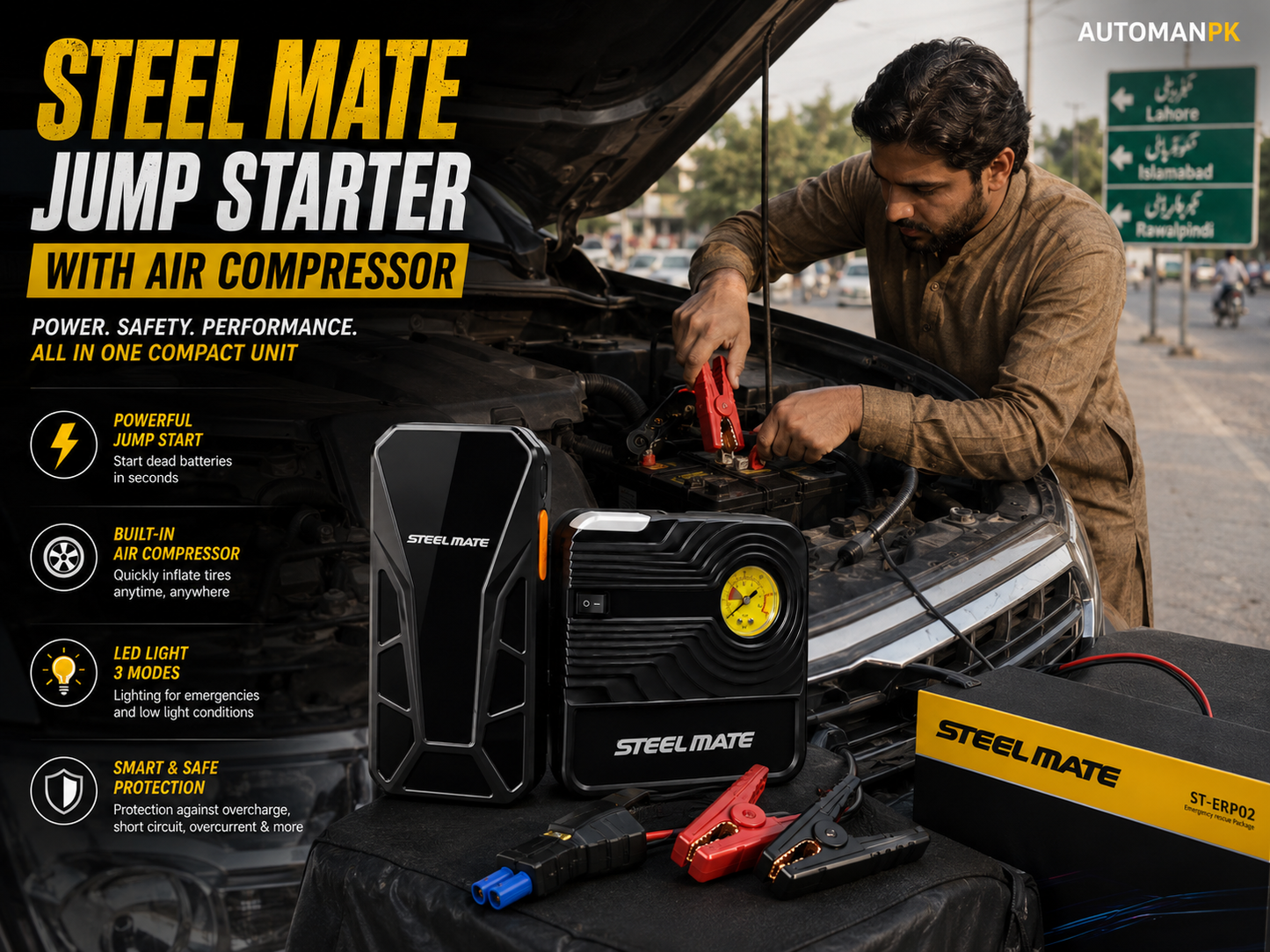 Steel Mate Jump Starter Air Compressor Price in Pakistan | 8800mAh