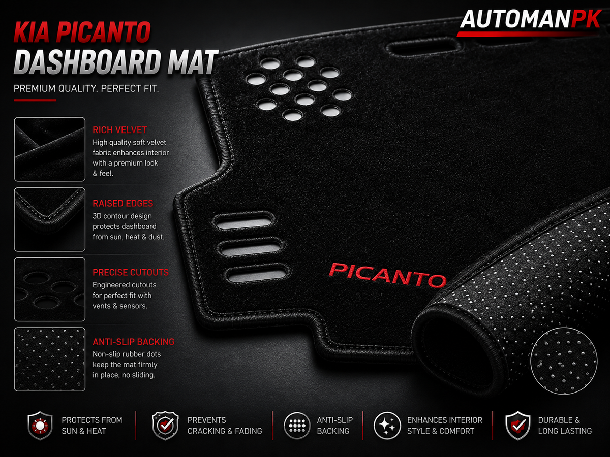 Kia Picanto Velvet Dashboard Mat – Anti-Glare | Non-Slip | Custom Fit