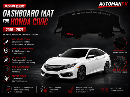 Honda Civic 2016-2021 Velvet Dashboard Mat – Anti-Glare | Non-Slip | Custom Fit