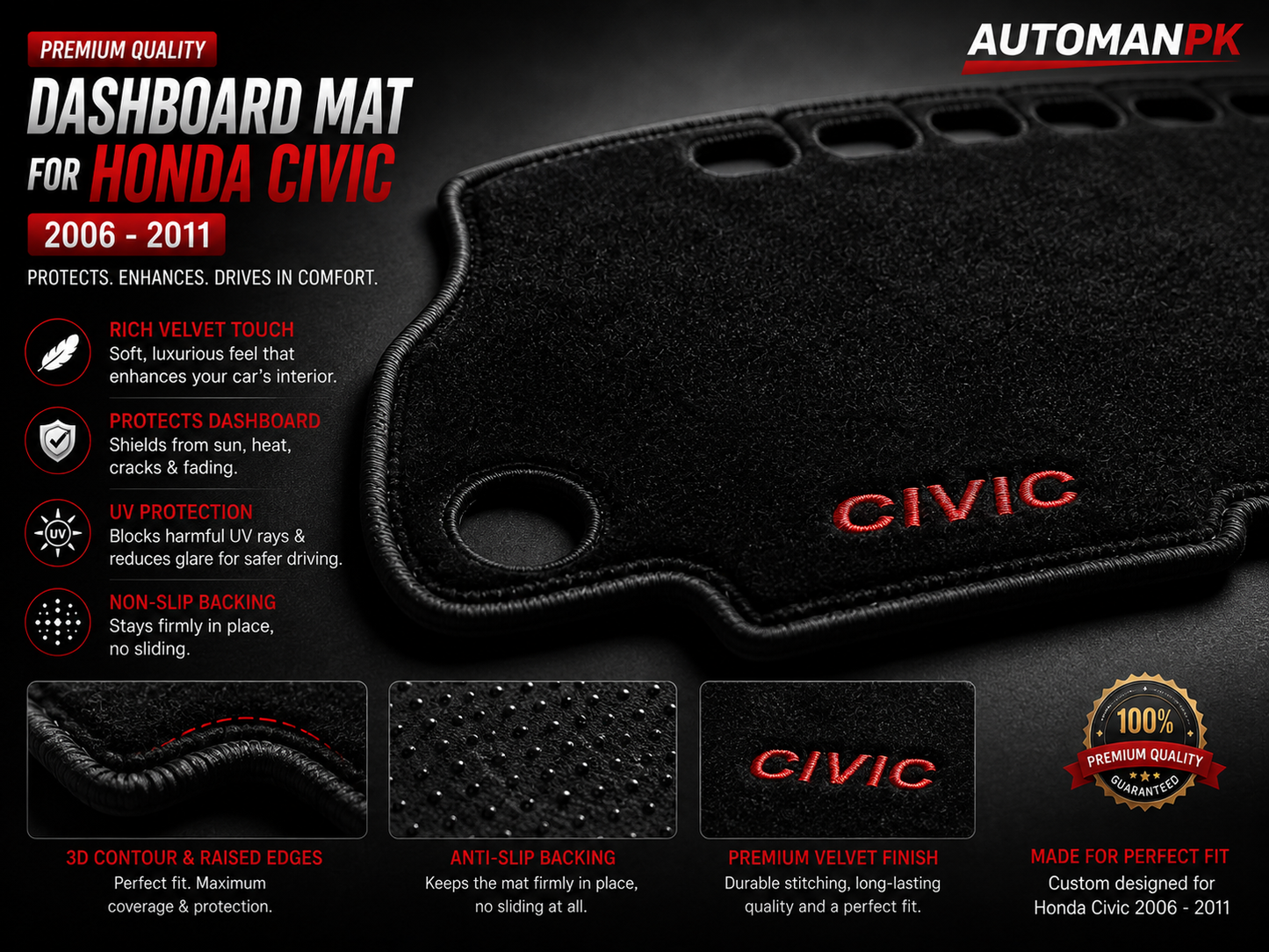 Honda Civic 2006-2011 Velvet Dashboard Mat – Anti-Glare | Non-Slip | Custom Fit
