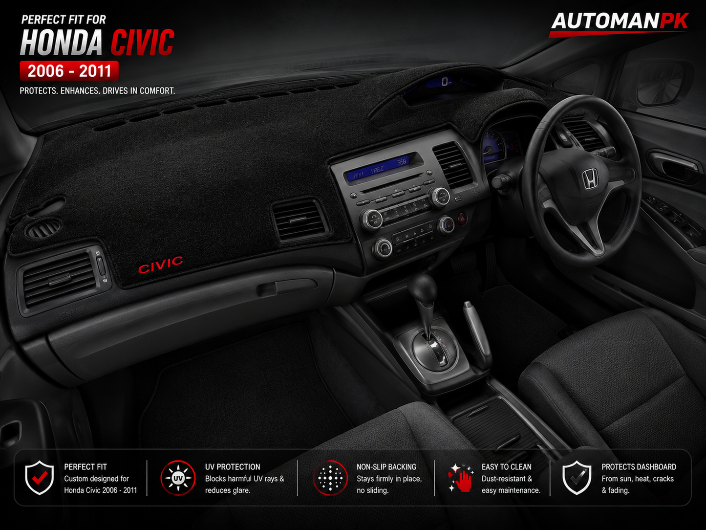 Honda Civic 2006-2011 Velvet Dashboard Mat – Anti-Glare | Non-Slip | Custom Fit