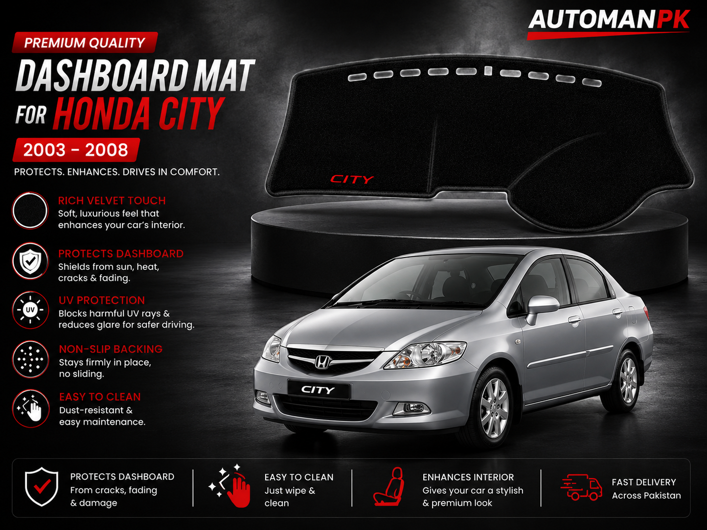 Honda City 2003-2008 Velvet Dashboard Mat – Anti-Glare | Non-Slip | Custom Fit