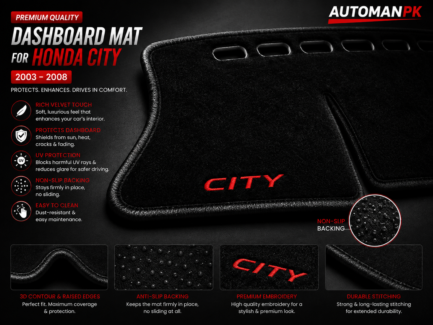Honda City 2003-2008 Velvet Dashboard Mat – Anti-Glare | Non-Slip | Custom Fit