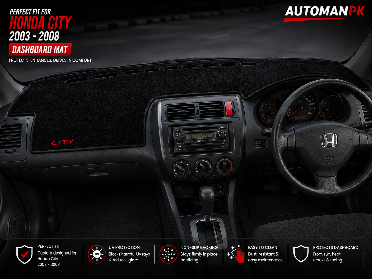Honda City 2003-2008 Velvet Dashboard Mat – Anti-Glare | Non-Slip | Custom Fit