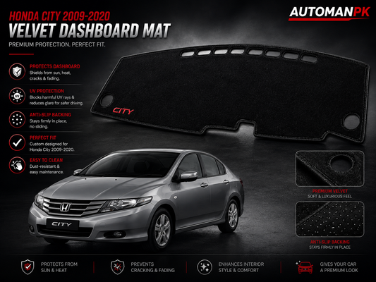 Honda City 2009-2020 Velvet Dashboard Mat – Anti-Glare | Non-Slip | Custom Fit