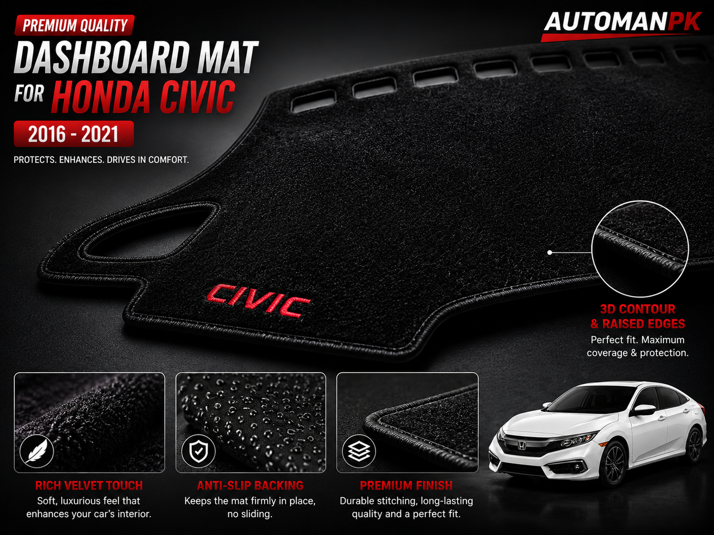 Honda Civic 2016-2021 Velvet Dashboard Mat – Anti-Glare | Non-Slip | Custom Fit