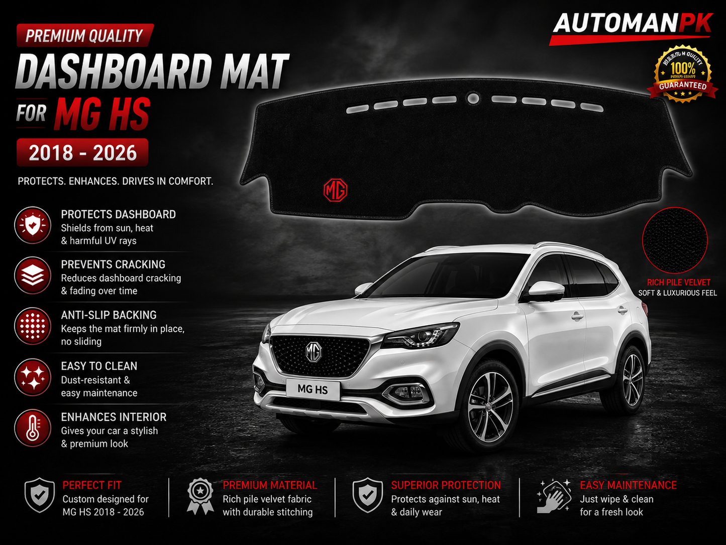 MG HS 2019-2026 Velvet Dashboard Mat – Anti-Glare | Non-Slip | Custom Fit