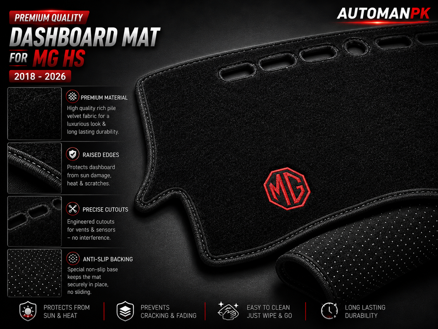MG HS 2019-2026 Velvet Dashboard Mat – Anti-Glare | Non-Slip | Custom Fit