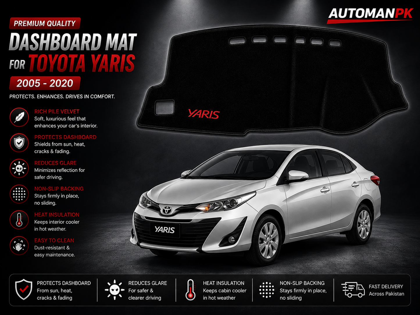 Toyota Yaris 2020-2024 Velvet Dashboard Mat – Anti-Glare & Non-Slip | Custom Fit