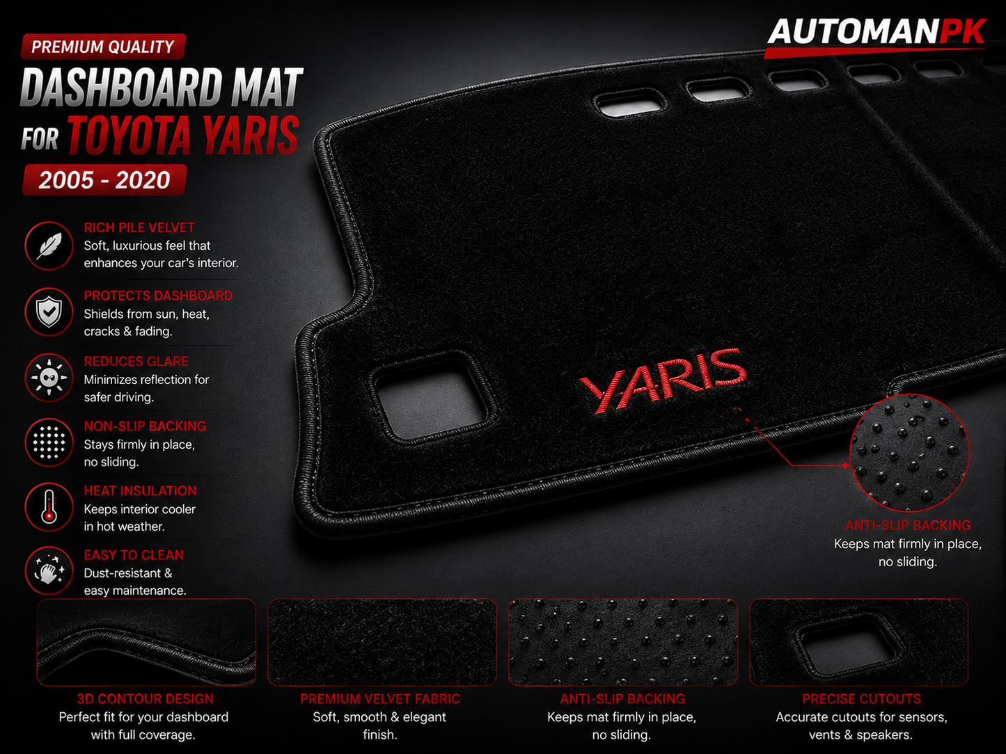 Toyota Yaris 2020-2024 Velvet Dashboard Mat – Anti-Glare & Non-Slip | Custom Fit