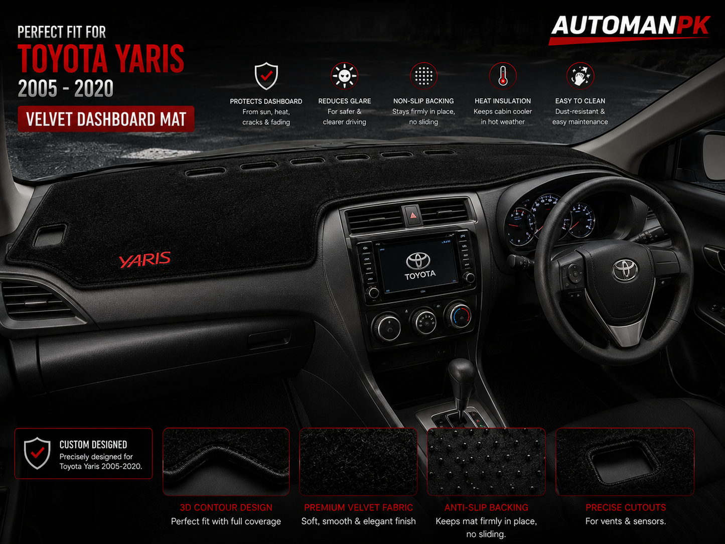 Toyota Yaris 2020-2024 Velvet Dashboard Mat – Anti-Glare & Non-Slip | Custom Fit