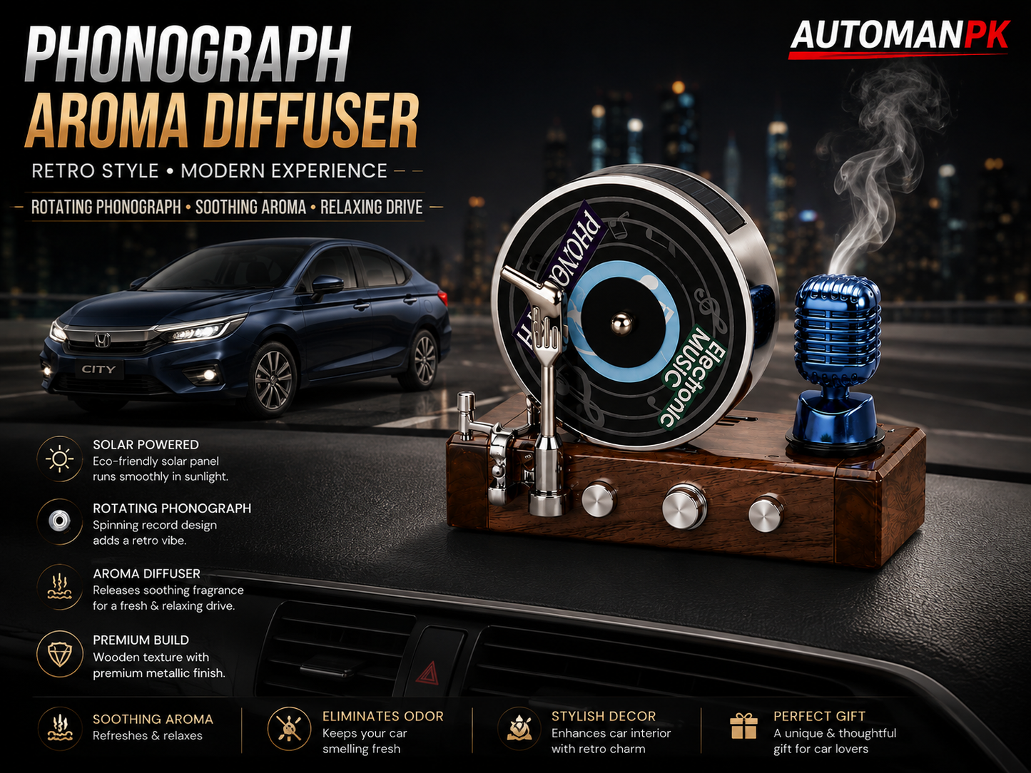 Phonograph Aroma Diffuser – Vintage Car Air Freshener | USB | Retro Design
